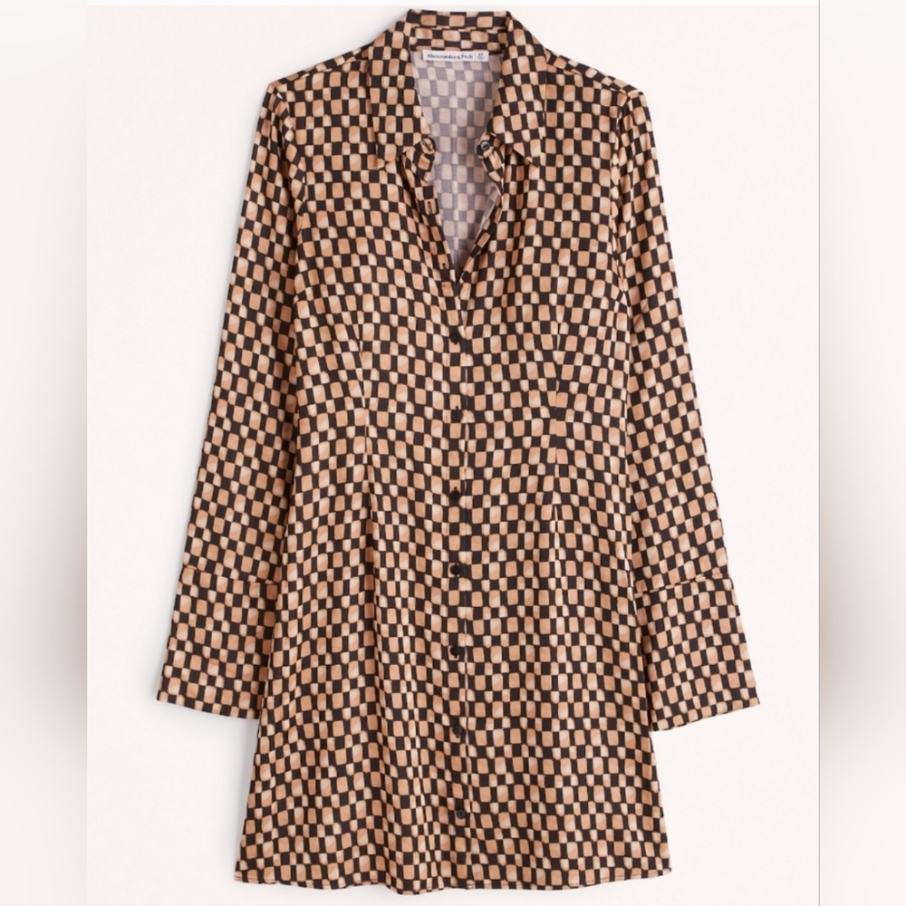 NWT Abercrombie & Fitch Brown Checker Pattern Long Sleeve Satin Shirt Dress M